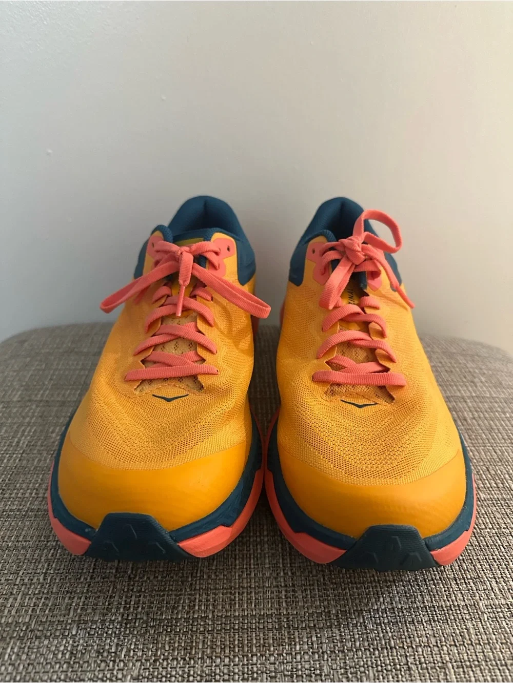 Hoka Women's Yellow Running Shoes with Coral and Navy Accents